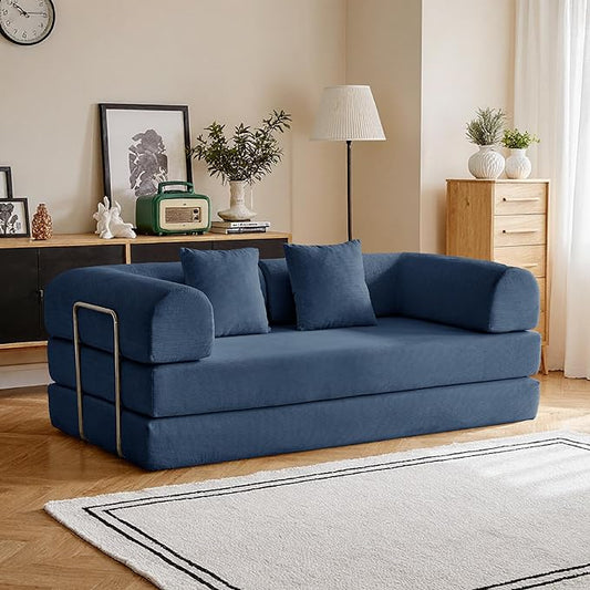 79'' Convertible Compressed Corduroy Folding Cloud Sofa Bed, 5 in 1 Modern Modular Boneless Pull Out Loveseat Sleeper in a Box, No Assembly Floor Mattress Futon Couch for Home, Blue, Pillows, King