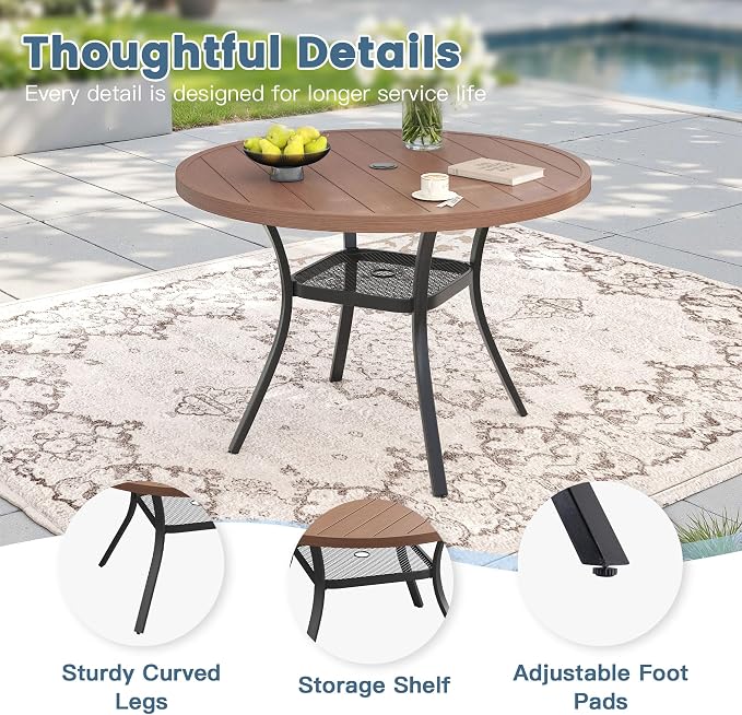 DIFY Outdoor Dining Set for 4, Patio Dining Furniture Set Includes 42" Walnut Round Table with Adjustable Umbrella Hole and 4 Brown Stackable Metal Chairs for Poolside, Garden, Backyard - Image 2