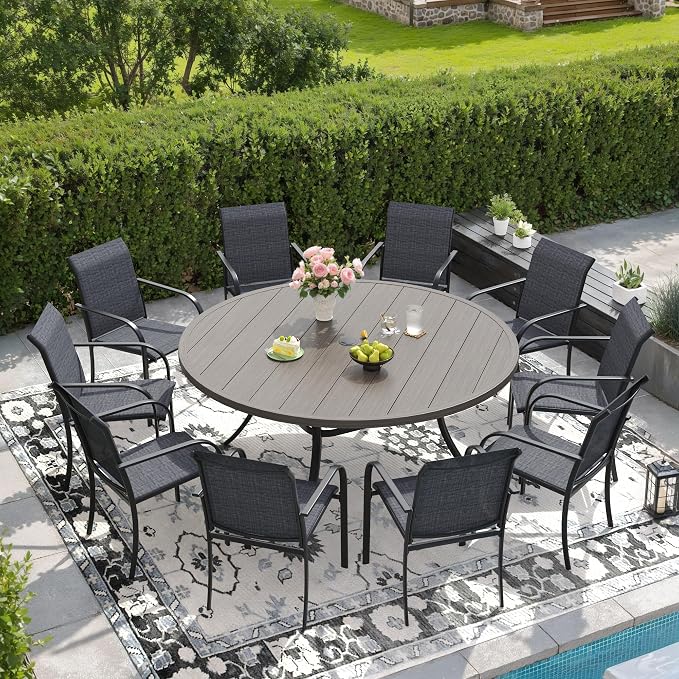 DIFY 11 Pieces Outdoor Patio Dining Set for 10, 60" Grey Wood-Like Round Metal Dining Table and 10 Grey Stackable Textilene Patio Chairs, Outdoor Table and Chairs for Backyard Garden Poolside by DIFY
