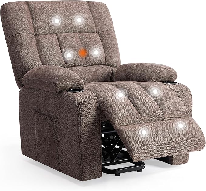 Sweetcrispy Power Lift Recliner Chair with Vibration Massage and Heat for Adults, Ergonomic Overstuffed Breathable Fabric Reclining Chair with Side Pockets, Remote Control, Living Room, Bedroom, Brown