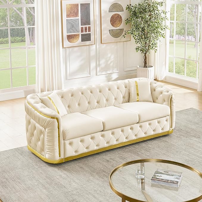 KEIKI 85" Luxury Oversized Velvet Chesterfield Sofa with 2 Pillow & Gold Stainless Decoration, Italian Modern Style 3-Seater Button Tufted Couch with Rolled Arms, Easy Assembly, for Living Room, Beige