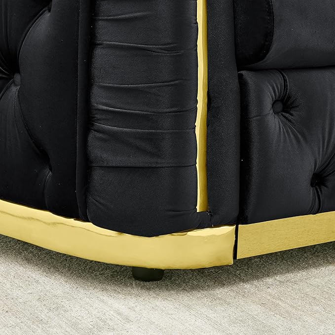 KEIKI 85" Luxury Oversized Velvet Chesterfield Sofa with 2 Pillow & Gold Stainless Decoration, Italian Modern Style 3-Seater Button Tufted Couch with Rolled Arms, Easy Assembly, for Living Room, Black