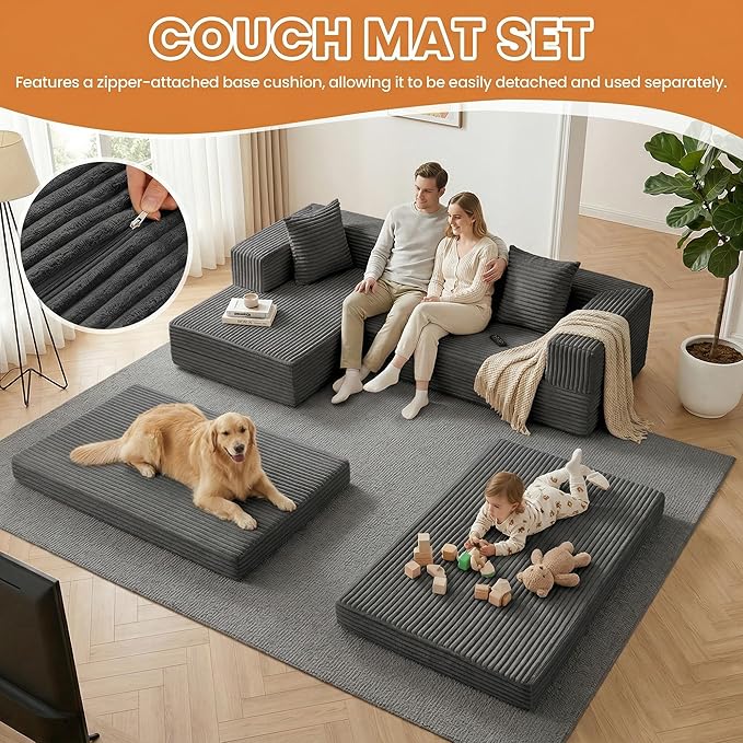 Modular Sectional Sofa, Boneless Convertible Oversized Sleeper Sofa Bed, Modern Tri-Folding Cloud Couch with L-Shape Chaise, Corduroy Futon Couches for Living Room Small Spaces Apartment,No Assembly
