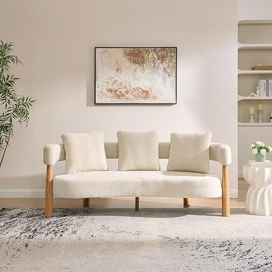 Christopher Knight Home Yulez Curved 3-Seater Sofa Couch with 3 Accent Pillows, Chenille Fabric Upholstered Lounge Seating, 76.5'' Home Office Bedroom Sofa Chair, Comfy Wooden Frame Sofa, Beige