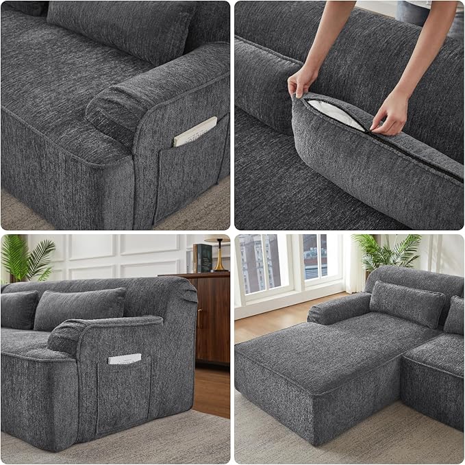 L-Shaped Sectional Sofa, Luxury Upholstered Chenille 3-Seater Sofa with Left Chaise Lounge & 3 Lumbar Pillows, Modern Comfy Oversized Couch with Side Pocket for Living Room, Apartment, Grey