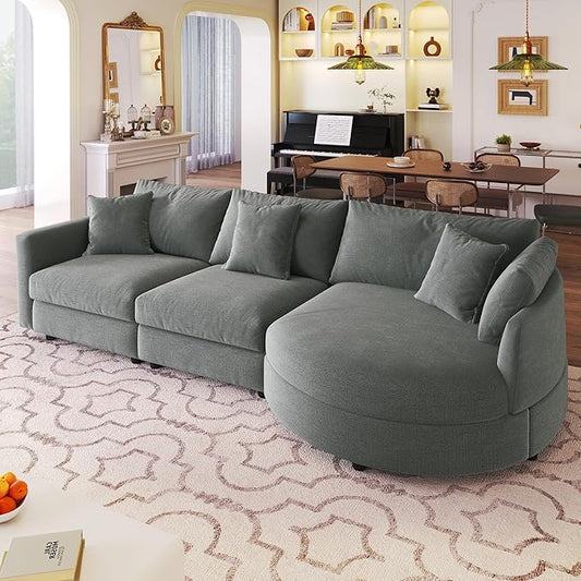 ERYE L-Shaped Right Facing Sectional Sofa Oversized Chenille Upholstered Corner Couch W/Curved Chaise Seat and 3 Toss Pillows, Modern L-Shaped Sofa Couches for Living Room