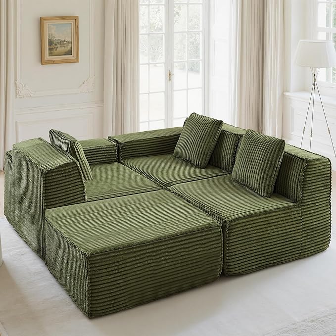 L-Shaped Corner Corduroy Sectional Sofa 4 Seat Modular Boneless Sofa Foam Cloud Couch with Movable Ottoman and Toss Pillows,Modern Deep Seat Convertible Chaise Sofa