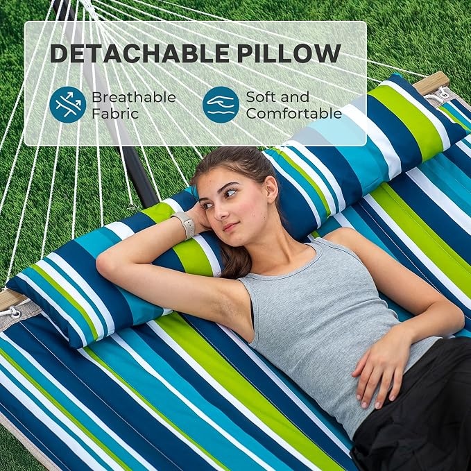 SUPERJARE Hammock with Stand, 2 Person Quilted Outdoor Hammock, Detachable Pillow & Bamboo Spreaders, Portable Hammock with Carrying Bag, Heavy Duty Stand, Perfect for Outside, Patio, Dark Cyan - Image 4