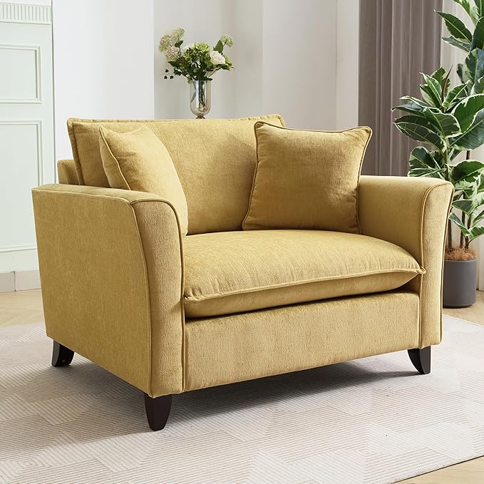 46.3 Inch Oversized Armchair Chenille Fabric Chair and a Half Single Sofa with Pillow Removable Washable Covers Rubberwood Legs Ruffled Armrests for Living Room Bedroom Office Apartment, Yellow