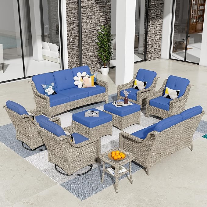 HOOOWOOO 9 Piece Patio Furniture Conversation Sets with Swivel Rocking Chairs,Outdoor Wicker Furniture with Ottoman,All Weather Resistant High Back Rattan Conversational Set(Navy Blue)