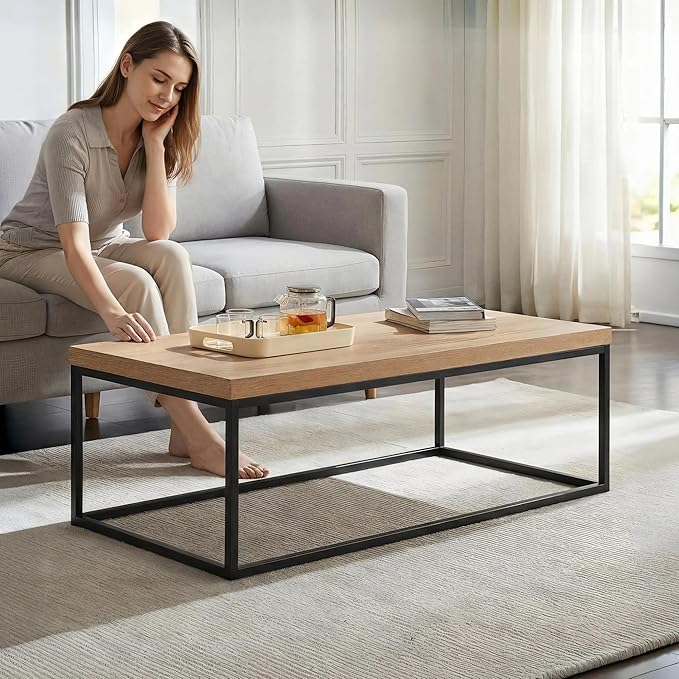 CENSI 47-Inch Natural Oak Coffee Table for Living Room, Modern Industrial Rectangular Wood and Metal Center Table with Extra Thick Tabletop (Natural Wood)
