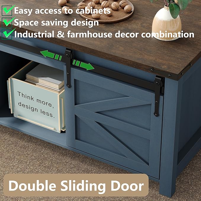 Lift Top Coffee Table, 47.3'' Farmhouse Coffee Table with Large Hidden Storage Compartment & Sliding Barn Doors, Wood Modern Rectangle Table for Home, Office, Blue