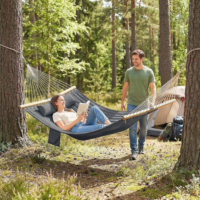 Outsunny Outdoor Hammock, 2-Person Hammock with Head Pillow and Pad, Wood Spreader Bars, 440 lbs Capacity, for Patio Yard Garden, 128" x 55", Gray - Image 8