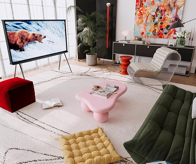 40" Cloud Coffee Table for Living Room Irregular Coffee Table Modern Low Coffee Tables Cute Center Table with 3 Ball Legs for Small Space Apartment Cream Pink