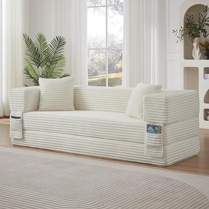 Ball & Cast Modern Upholstered Sofa with 2 Pillows,Boneless Corduroy Couch W/Deep Seat,Convertible Folding Sleeper Sofa Bed for Living Room,Bedroom,Apartment,No Assembly,White,78"