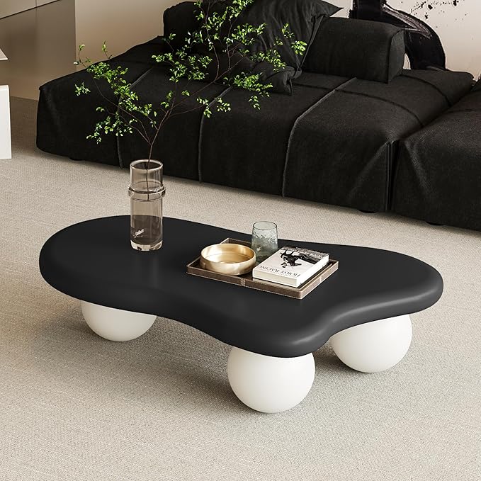 40” Cloud Coffee Table with 3 Ball Legs, Modern Irregular Center Table for Living Room, Low Cute Small MDF Tea Table for Bedroom, Space Apartment-Black White
