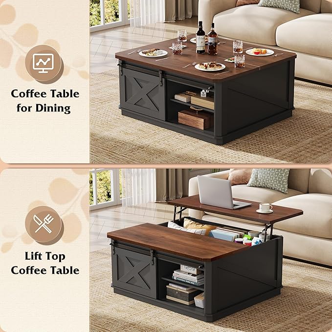 WLIVE Framhouse Coffee Table with Storage, 35.5" Lift Top Coffee Table for Living Room, Square Center Table, Rustic Cocktail Table with Sliding Barn Doors, Curevd Base, Black