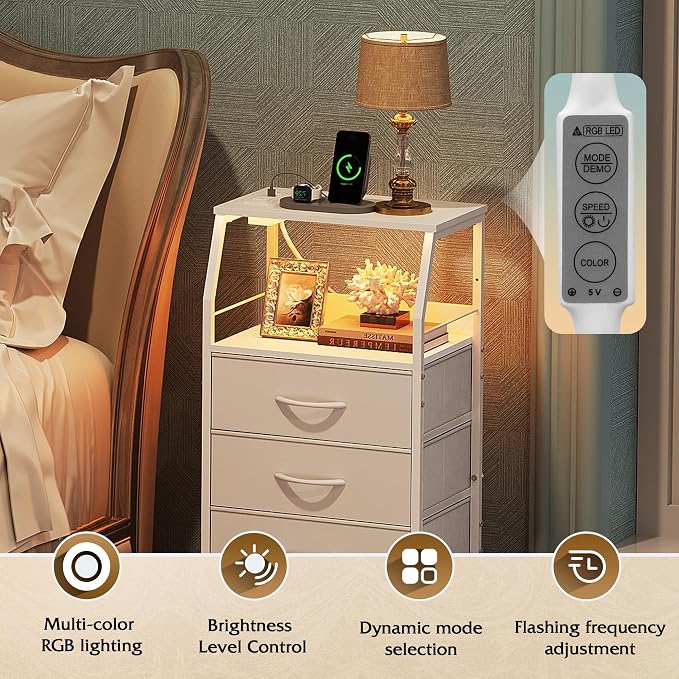WLIVE Night Stand with Charger Station, White Nightstand with LED Light and 4 Storage Drawers, Tall Dresser for Bedroom, 37.48" H Bedside Table with Fabric Bins, Wood Shelf - Image 4