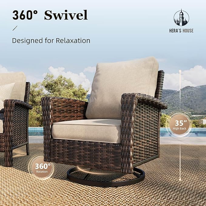 HERA'S HOUSE 8-Piece Outdoor Furniture Set with Fire Pit Table, Patio Conversation Set with 5.5" Thick Cushions & High Back Swivel Chairs, All-Weather Wicker Deep Seating Sofa with Ottomans, Beige