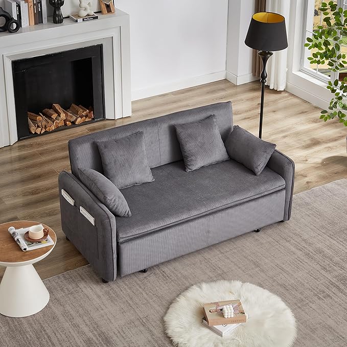 Ball & Cast 66" Convertible Sofa Bed,3-in-1 Corduroy Loveseat Sleeper Pull Out Couch Bed with Pillows and Side Pockets, Deep Seat Comfy Sofa Couches for Living Room,Apartment,Grey