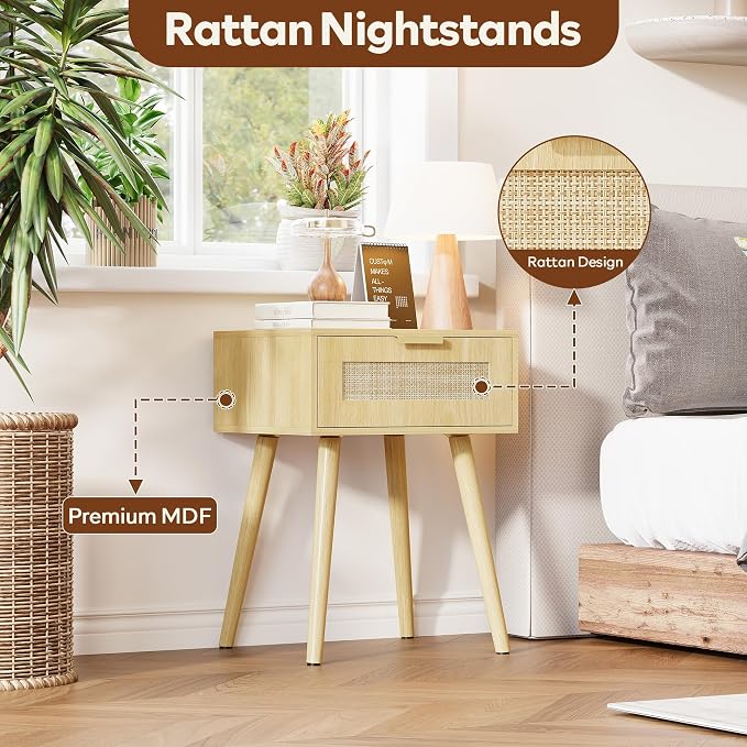 LAZZO Set of 2 Bedroom Nightstands Wooden Night Stands with Rattan Weaving Drawer Home Bedside End Table for Bedroom Storage - Image 11