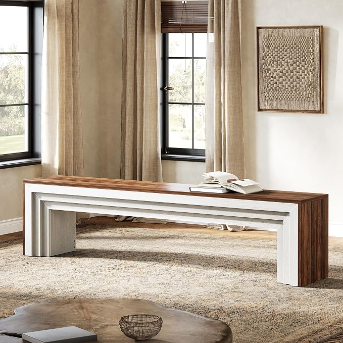 Tribesigns 71" Extra Long Entryway Bench, Modern Farmhouse Shoe Bench Wooden Indoor Seating with Layered Design for Hallway, End of Bed, Living Room, Sofa Back, Dining Room, Rustic Brown & White - Image 3