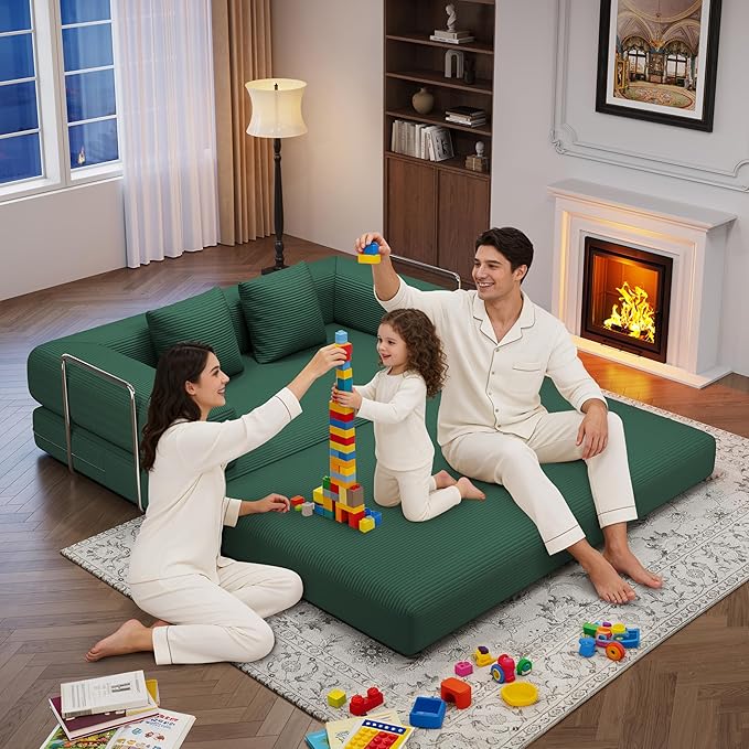 4-in-1 Foldable Sofa Bed Teddy Fabric Foam-Filled Compressed Couch, Convertible Loveseat Sofa, Boneless FoldingSleeper for Living Room, Guest Bed, Playroom (Green, 59” 2 Seat)