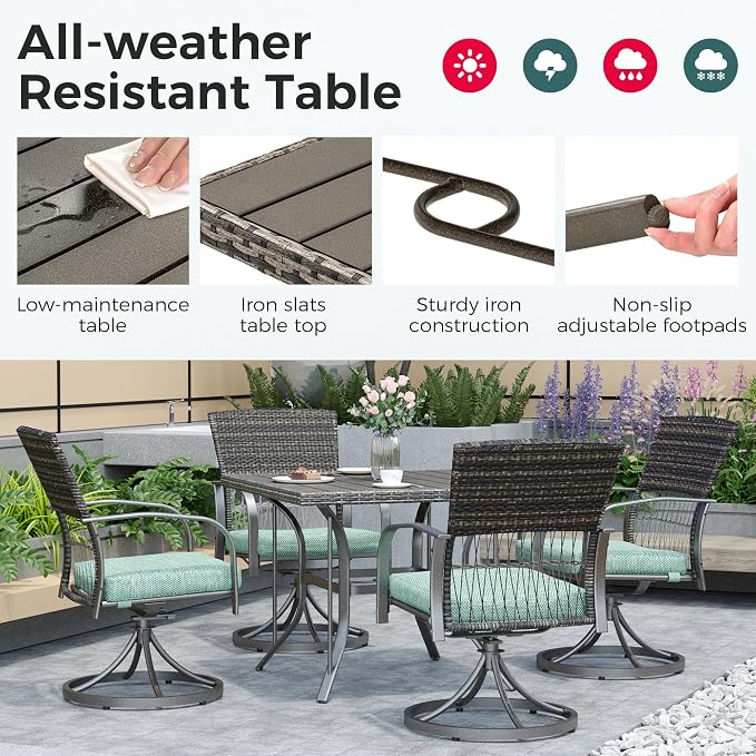 Pamapic 5-Piece Outdoor Dining Set with Swivel Chairs, Rattan Patio Furniture for Backyard, Deck, Garden, Weather-Resistant Iron Slats Table & 4 Chairs with Removable Cushions (Green) - Image 6