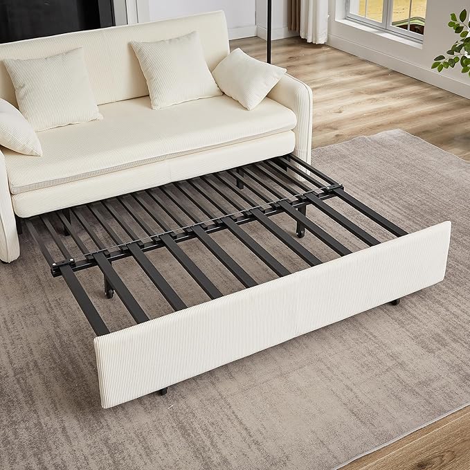 Ball & Cast 66" Convertible Sofa Bed,3-in-1 Corduroy Loveseat Sleeper Pull Out Couch Bed with Pillows and Side Pockets, Deep Seat Comfy Sofa Couches for Living Room,Apartment,Beige