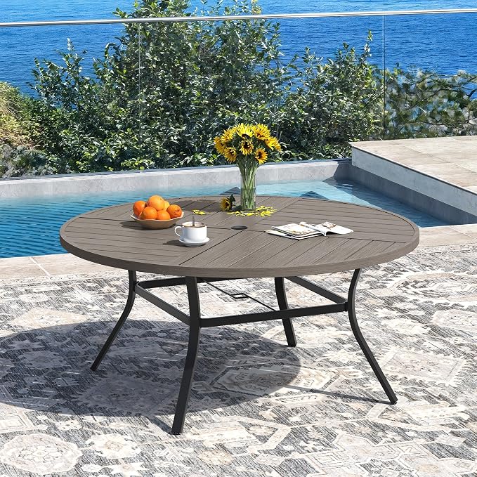 DIFY 9 Pieces Outdoor Patio Dining Set for 8, 53.1" Grey Wood-Like Round Metal Dining Table and 8 Grey Stackable Textilene Patio Chairs, Outdoor Table and Chairs for Backyard Garden Poolside - Image 2