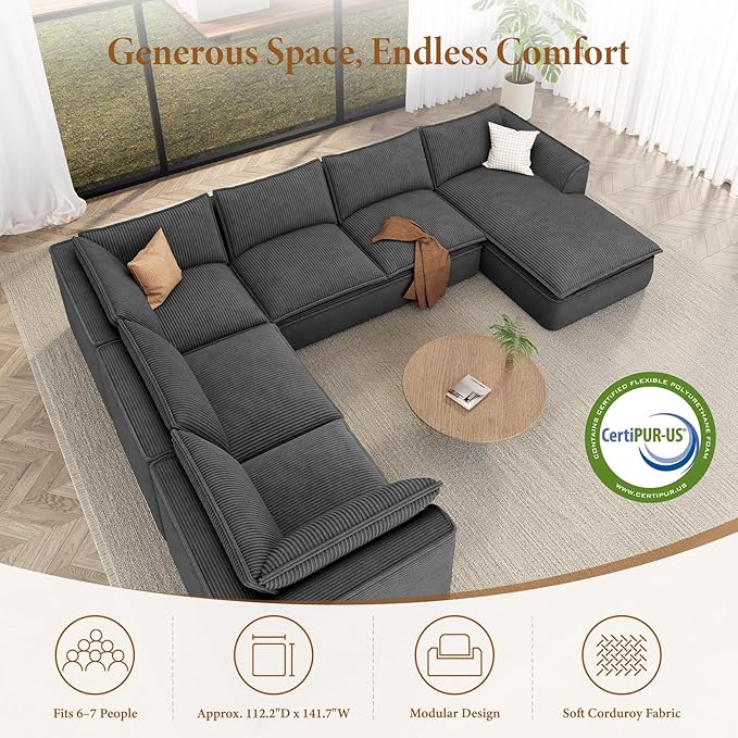 Vesgantti 141.7" Oversized Boneless Sectional Couch, Modern 7 Seater Modular Sofa with Chaise, Deep Seat Convertible Corduroy Cloud Couches for Living Room, No Assembly Required, Dark Gray