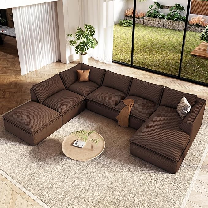 Vesgantti 141.7" Oversized Boneless Sectional Couch, Modern 7 Seater Modular Sofa with Chaise & Ottoman, Deep Seat Corduroy Cloud Couches for Living Room, No Assembly Required, Dark Brown