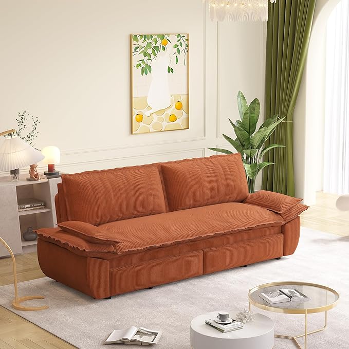 73.2" Queen Size Pull Out Sofa Bed, 3-in-1 Convertible Sleeper, Corduroy Loveseat for Living Room, Apartment, Bedroom Small Spaces, Orange (Mattress & Bedding Not Included)