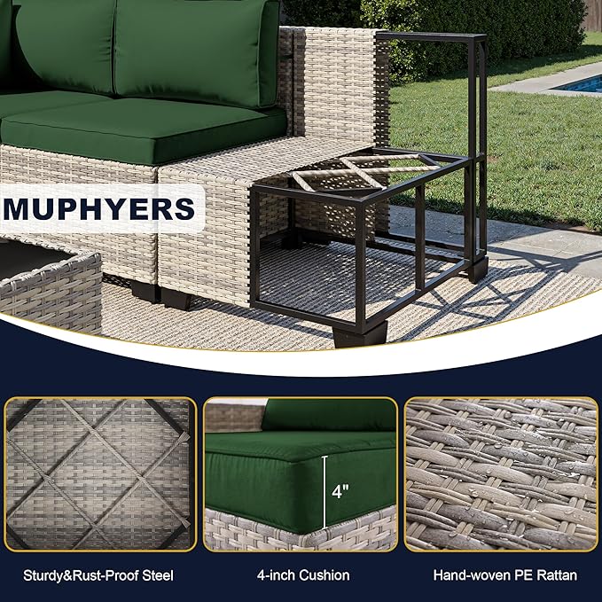 14-Piece Outdoor Patio Furniture Set with Rocking Swivel Chair, Wicker Rattan Sectional Sofa Conversation Set with 55,000 BTU Fire Pit Table, Backyard Furniture, Green