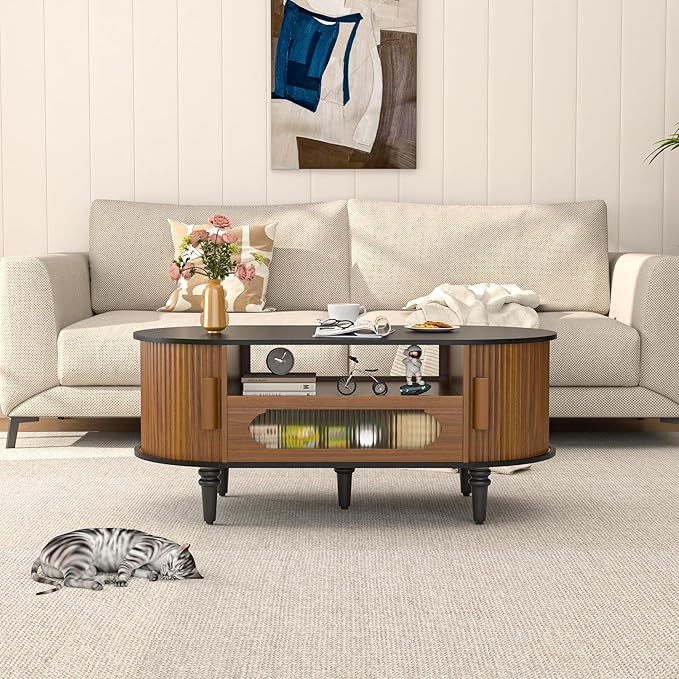 Fluted Round Coffee Table with Storage, Modern Oval Coffee Table with Drawer, Sliding Door, Low Small Center Tables for Living Room, Wooden Boho, Mid Century, Unique, Black and Walnut