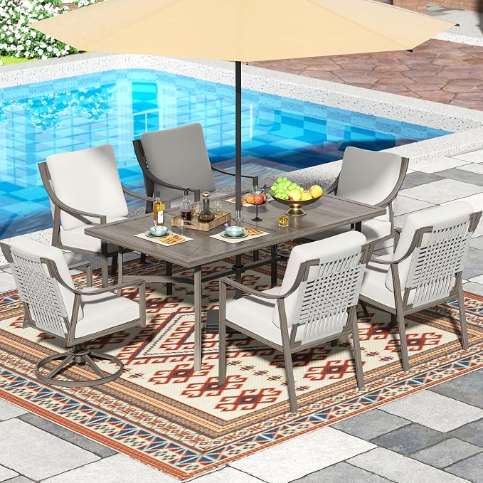 NATURAL EXPRESSIONS 7 Piece Patio Dining Table Outdoor Furniture Set for 6, 4Pcs Fixed and 2Pcs Swivel Patio Dining Chairs with Olefin Cushions, 65”Large Dining Table with Umbrella Hole by NaturalExpressions