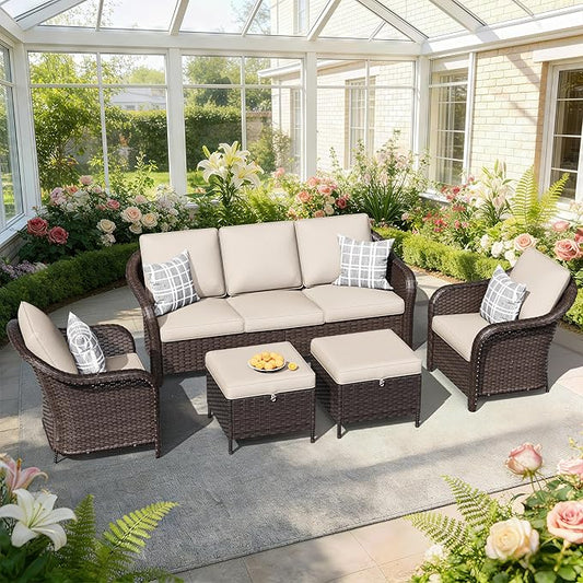 5 PCS Outdoor Conversation Set | 78" Couch, 2 Chairs, 2 Ottomans, Patio Wicker Conversation Furniture with Removable Cushions for Bistro, Deck, Sunroom (Beige)
