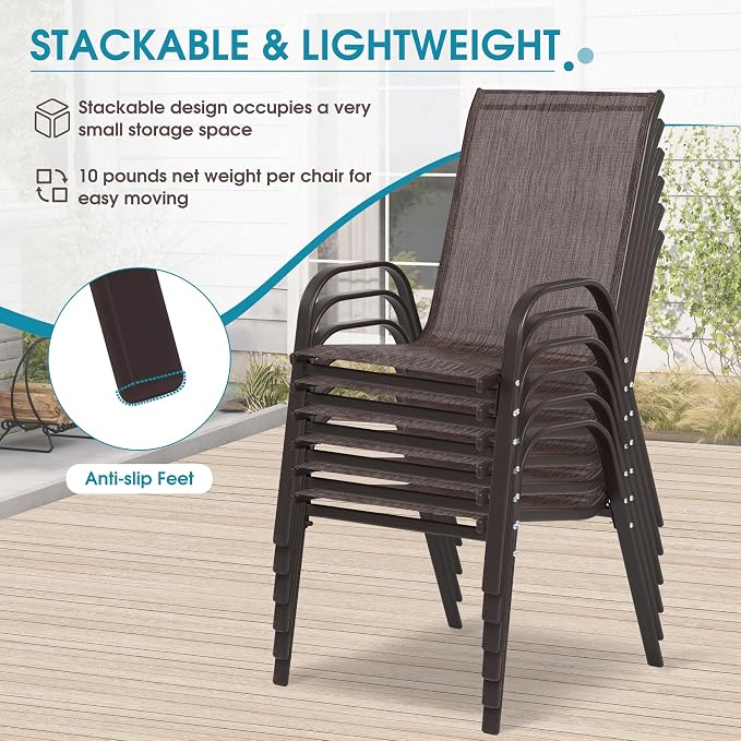 Outdoor Stackable Chairs Set of 6, Stacking Patio Chairs with Textilene Fabric, Outside Furniture for Garden Backyard Balconie Poolside Deck, Brown - Image 5