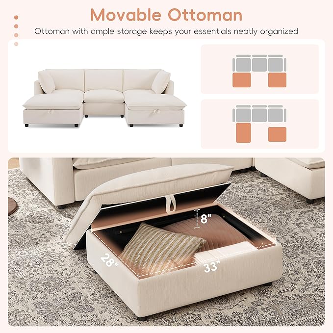Merax Modern U-Shaped Sectional Sofa with 2 Movable Storage Ottomans, Chenille 6-Seat Couch Set with Fold-Down Backrest Table, Charing Ports, Cup Holders for Living Room,Space Saving, Beige