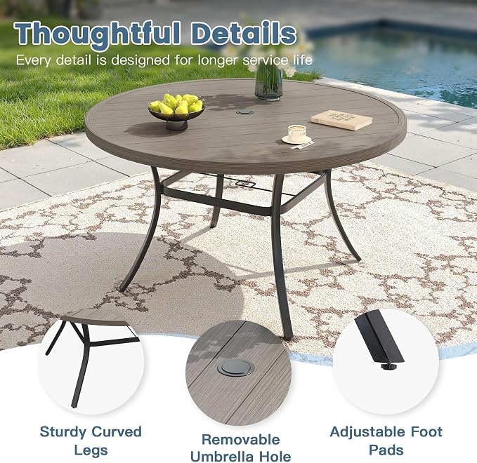 DIFY Patio Dining Set for 6, 7 Piece Outdoor Table and Chairs Set, 50" Grey Wood-Like Round Metal Patio Dining Table and 6 Grey Textilene Stackable Patio Chairs, for Backyard Garden Poolside - Image 2