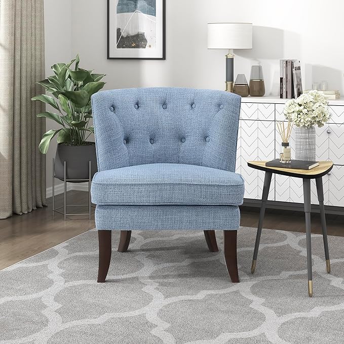 Lexicon Accent Chair, Textured Fabric Upholstered Armless Chair with Solid Wood Legs, Button Tufted Curved Back for Living Room/Bedroom/Office/Waiting Area, Blue