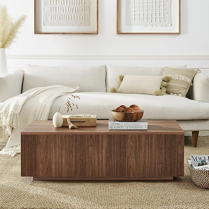 Henn&Hart 48" Fluted Rectangular Low-Profile Coffee Table with Ribbed Base for Living Room, Family Room, or Office, Medium Walnut