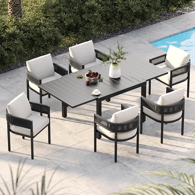 Grand patio 7-Piece Outdoor Dining Set for 6 with 1 Rectangle Expandable Table for 4-6 Person, Metal Woven Wicker Fixed Patio Chairs with Thickened Cushions for Yard, Poolside, Deck (Black) by GrandPatio