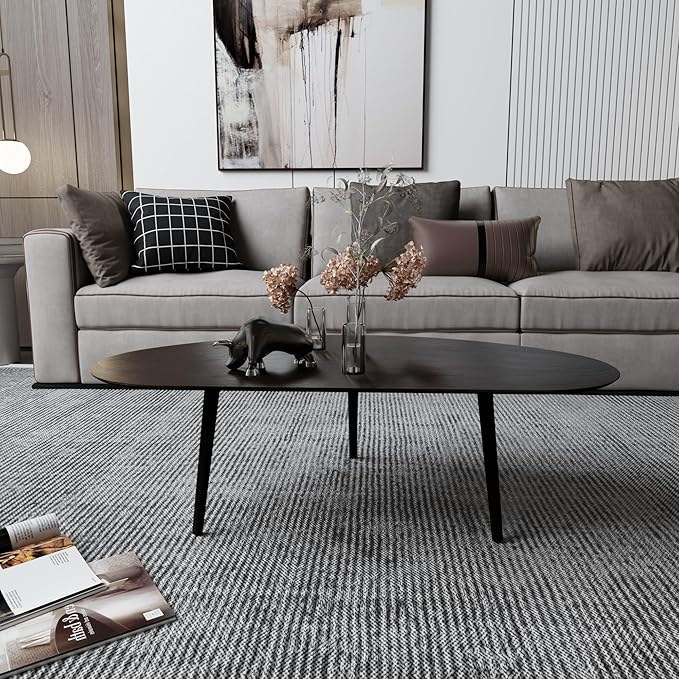 Small Oval Coffee Table Mid Century Modern for Living Room, Center Table,Solid Wood Coffee Table,Nature Wood (Black, 18.9" D x 33.85" W 12.4" H)