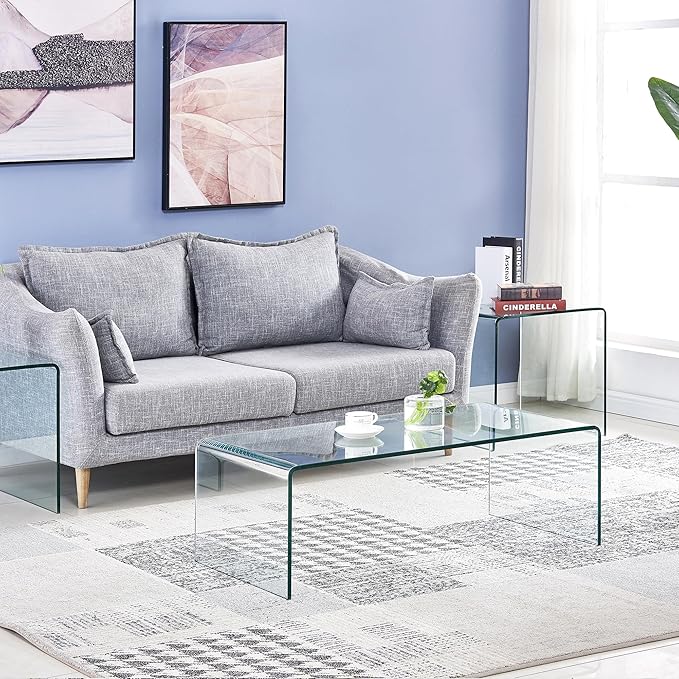 Tempered Glass Coffee Table, Small Clear Modern Coffee Tables with Rounded Edges Bent Home Office Furniture,Glass Sofa End Table 39.4" x 19.7" x 13.8"H