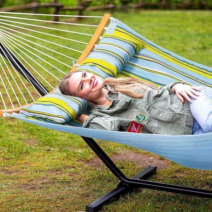 SUNCREAT Portable Outdoor Hammock with Stand Included, Double Hammock with Stand for Outside, Yellow Blue - Image 2