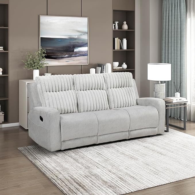 Lexicon Modern Double Recliner Couch, Manual Wall Hugger Textured Microfiber Reclining Sofa, Plush Corduroy Channel Seat Back, Manual Recliner Sofa, Light Gray