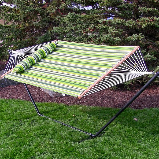 Sunnydaze Quilted Double Hammock for Outside with Spreader Bars and Pillow - 450 lb Capacity, 74x55 Inch Bed, UV Resistant, Quick Dry - Chains Included, Stand Sold Separately - Melon Stripe - Image 2