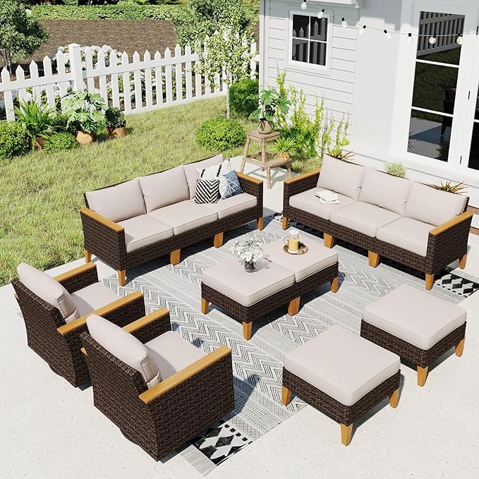 Sophia & William Patio Furniture Set with Swivel Chairs, 12 Piece Outdoor Sectional Furniture Wicker Modular Sofa Couch, Conversation Set for Deck Backyard Lawn, Beige