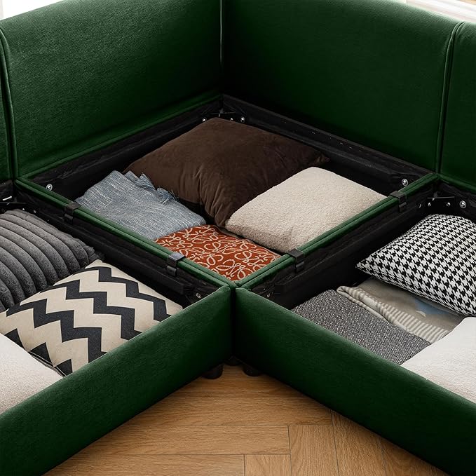 KEIKI 143" L-Shaped Modular Chenille Sectional Sofa with Storage Seat, 1 Ottoman, 4-Seater Couch with Cylindrical Backrest and Armrests, Easy Assembly, for Apartment, Living Room, Green